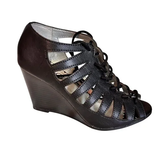 Sugar Kiara Black Strappy Lace-Up Wedge Sandals Women's 6 Boho Gladiator Cutout - Picture 1 of 7